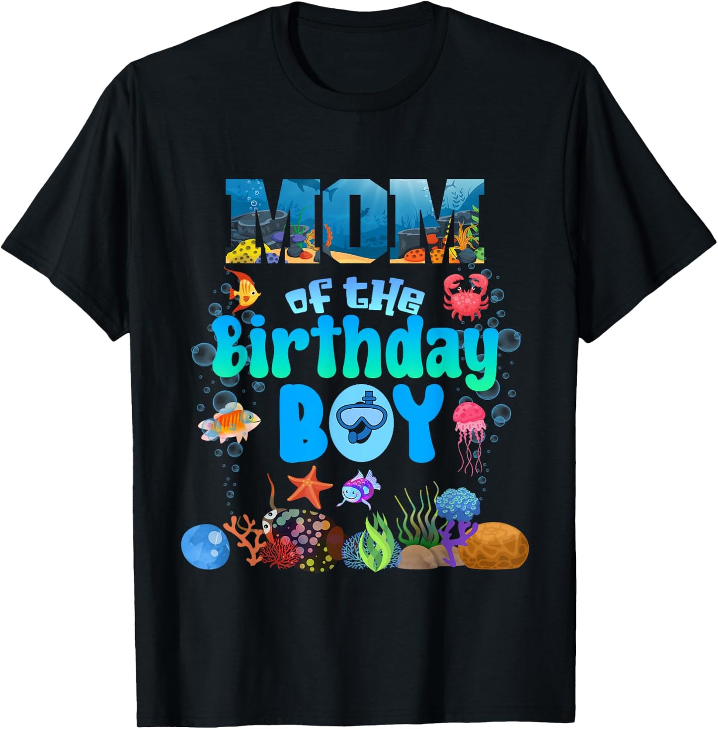 Mom Of The Birthday Boy Aquarium Sea Animals Matching T-Shirt - T-Shirt | Black
