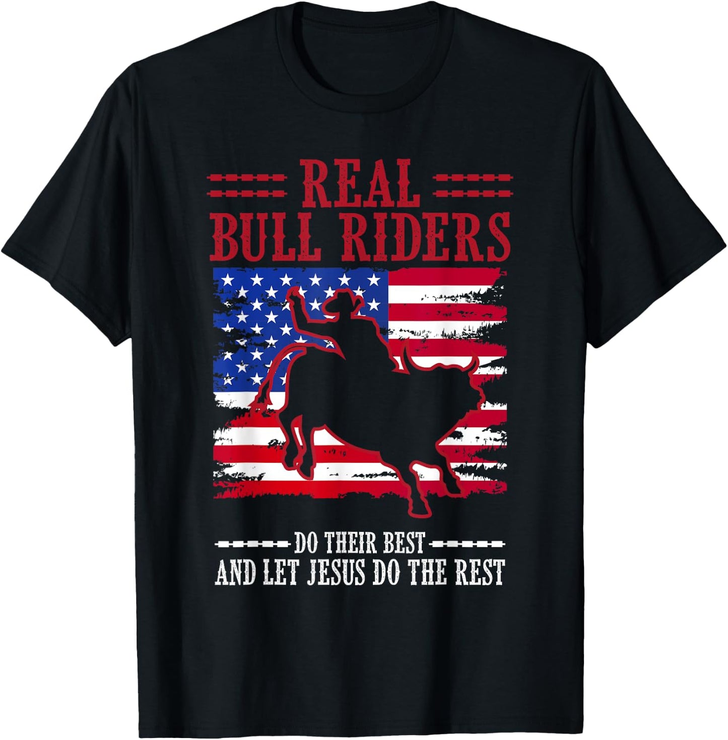 Bull Riding American Flag Rodeo Patriotic Christian Rider T-Shirt - T-Shirt | Black