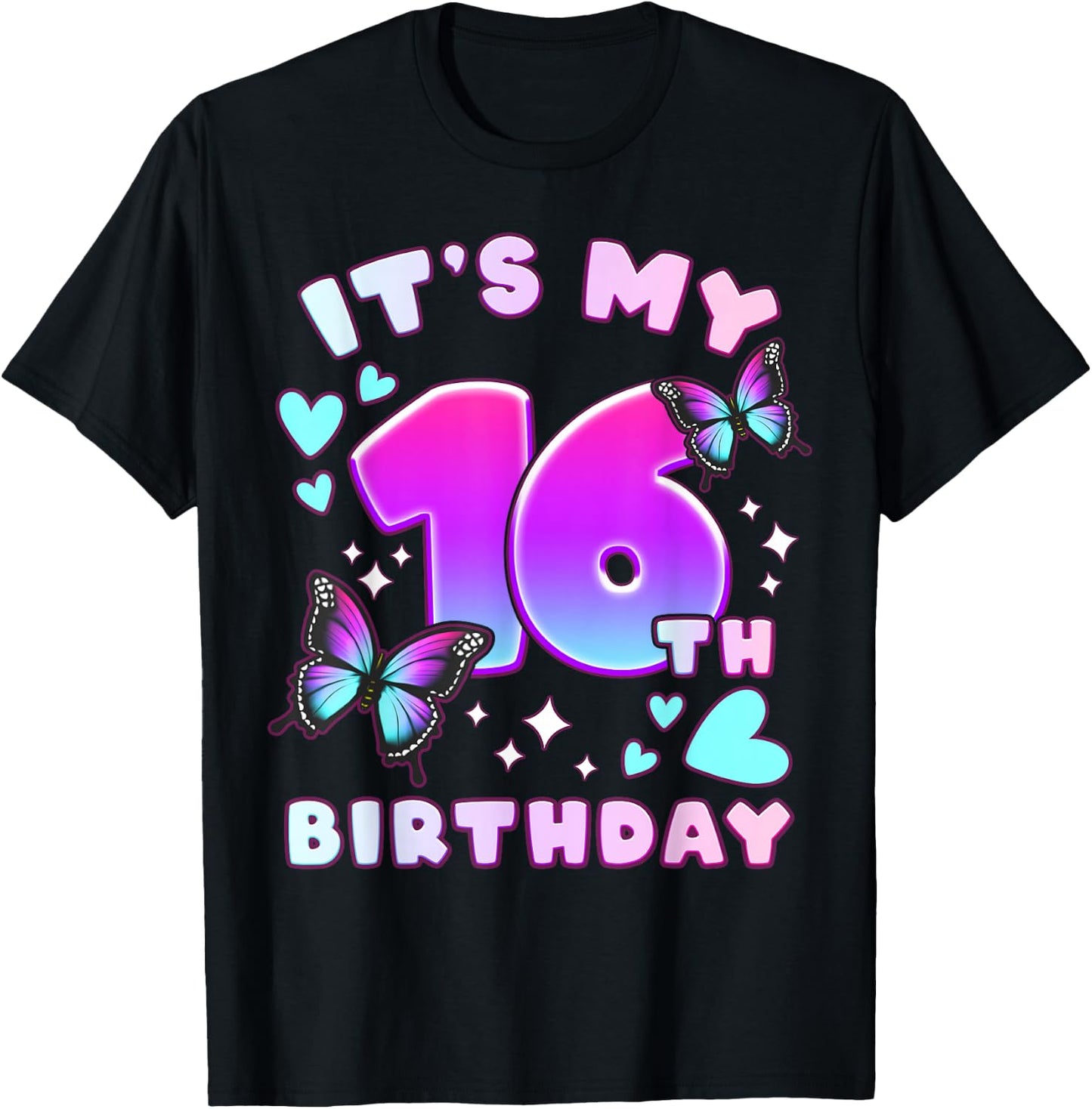 16th Birthday, Girl 16 years, Butterflies and Number 16 T-Shirt - T-Shirt | Black