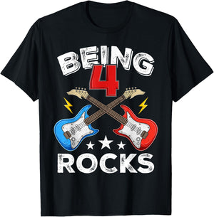Being 4 Rocks Guitar Four Year Old Cool 4th Birthday Kids T-Shirt - T-Shirt | Black