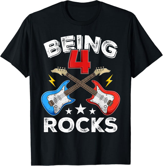 Being 4 Rocks Guitar Four Year Old Cool 4th Birthday Kids T-Shirt - T-Shirt | Black