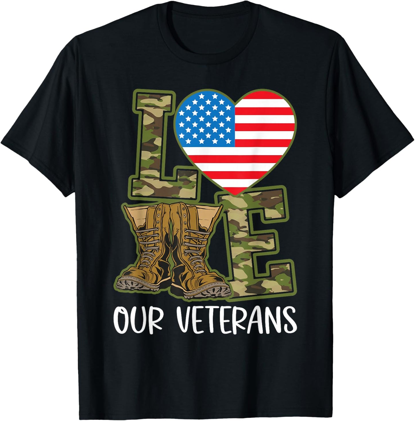 Love Our Veterans Day Proud Military US Flag T-Shirt - T-Shirt | Black