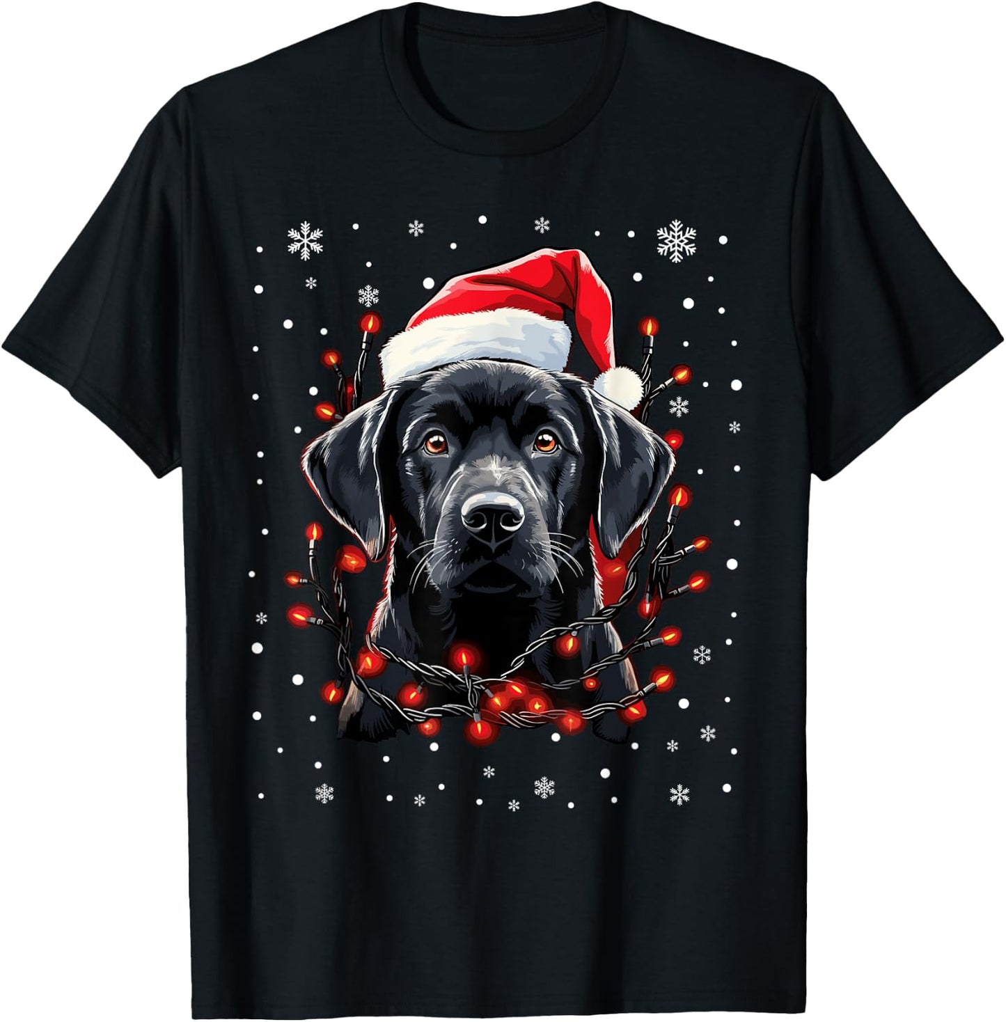 Black Labrador Christmas Lights Santa Hat Xmas Pajama T-Shirt - T-Shirt | Black
