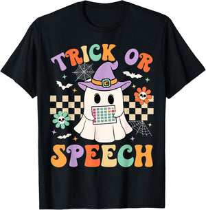 Trick or Speech Retro SLP Halloween Speech Therapy Halloween T-Shirt - T-Shirt | Black