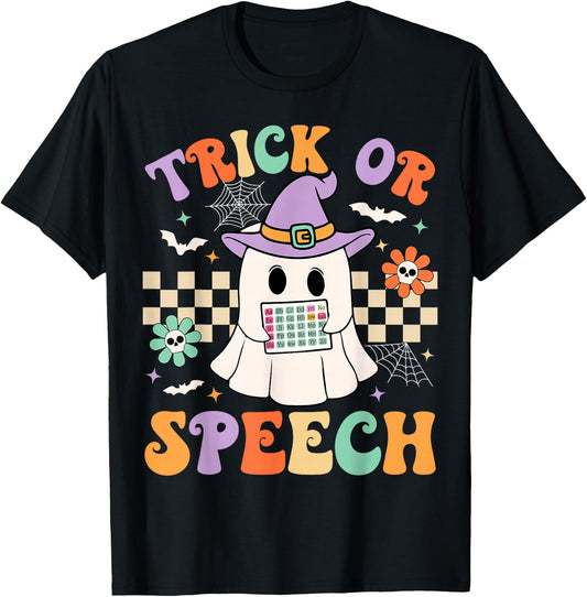 Trick or Speech Retro SLP Halloween Speech Therapy Halloween T-Shirt - T-Shirt | Black