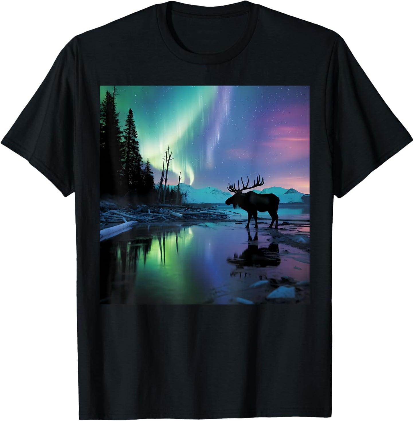 Alaska Aurora Borealis Moose Aesthetic Core Photo Souvenir T-Shirt - T-Shirt | Black
