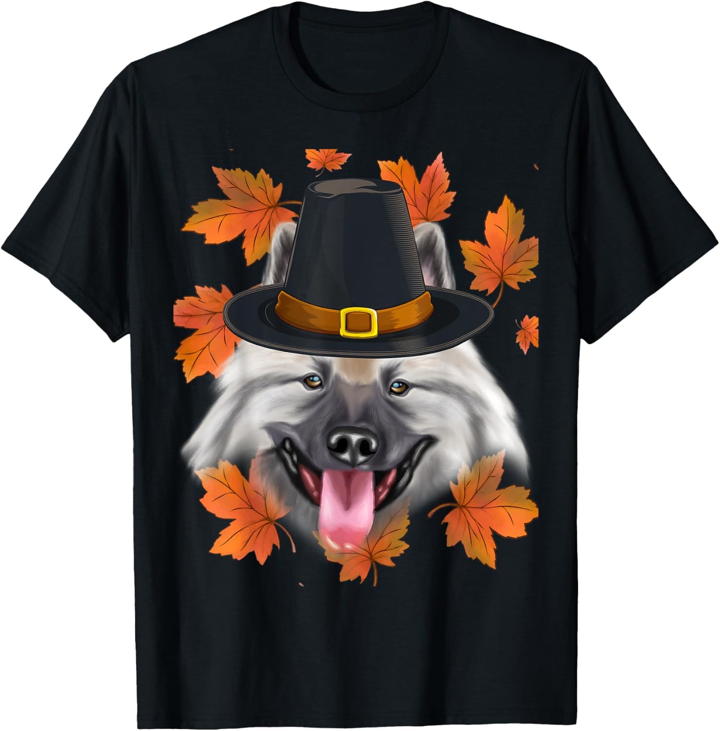 Fall Keeshond Pilgrim Thanksgiving T-Shirt - T-Shirt | Black
