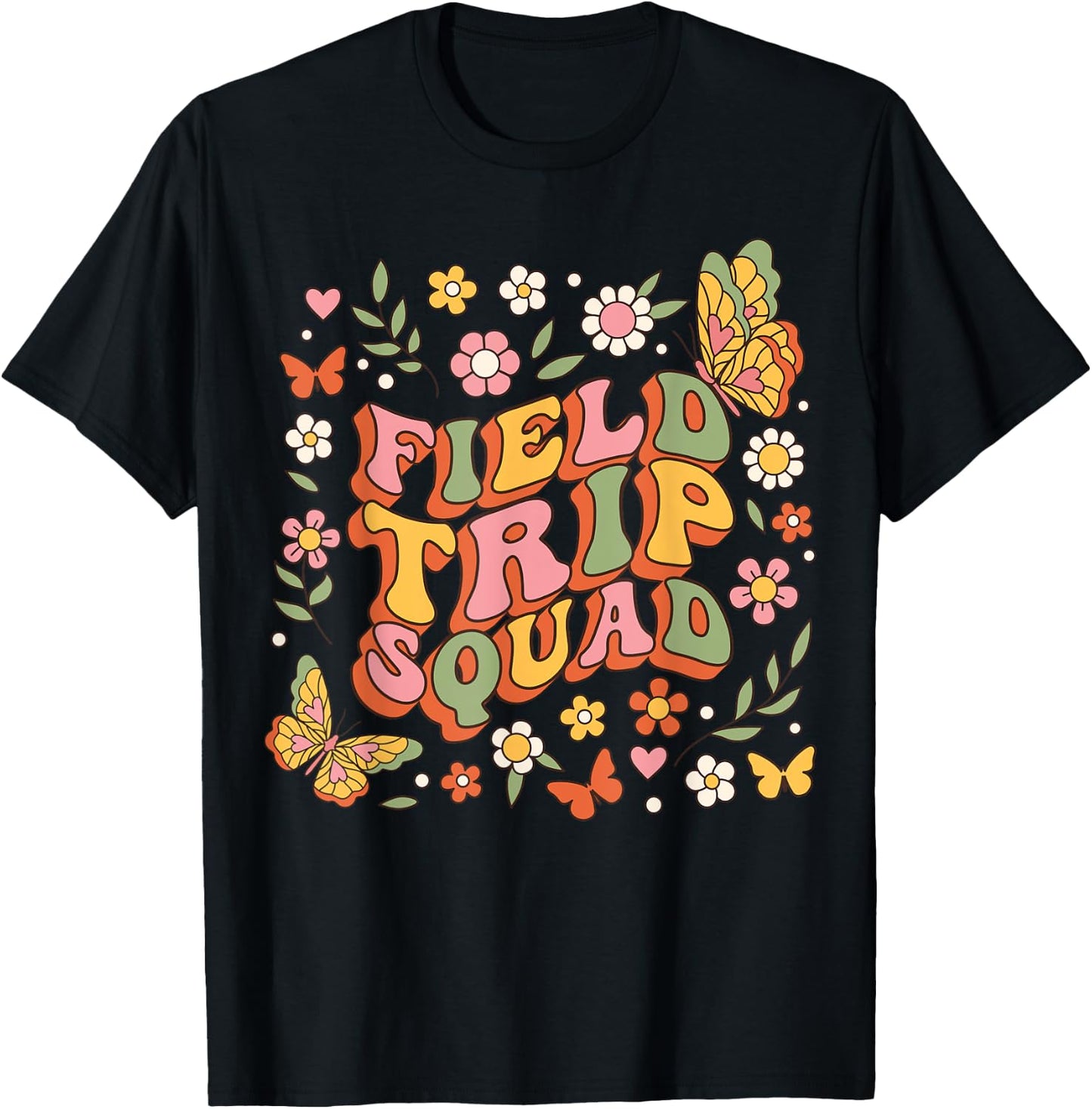 Groovy Field Trip Squad Hippie Butterfly School Field Day T-Shirt - T-Shirt | Black