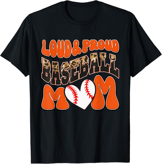 Loud Proud Baseball Mom Orange Team Leopard Baseball Mom T-Shirt - T-Shirt | Black