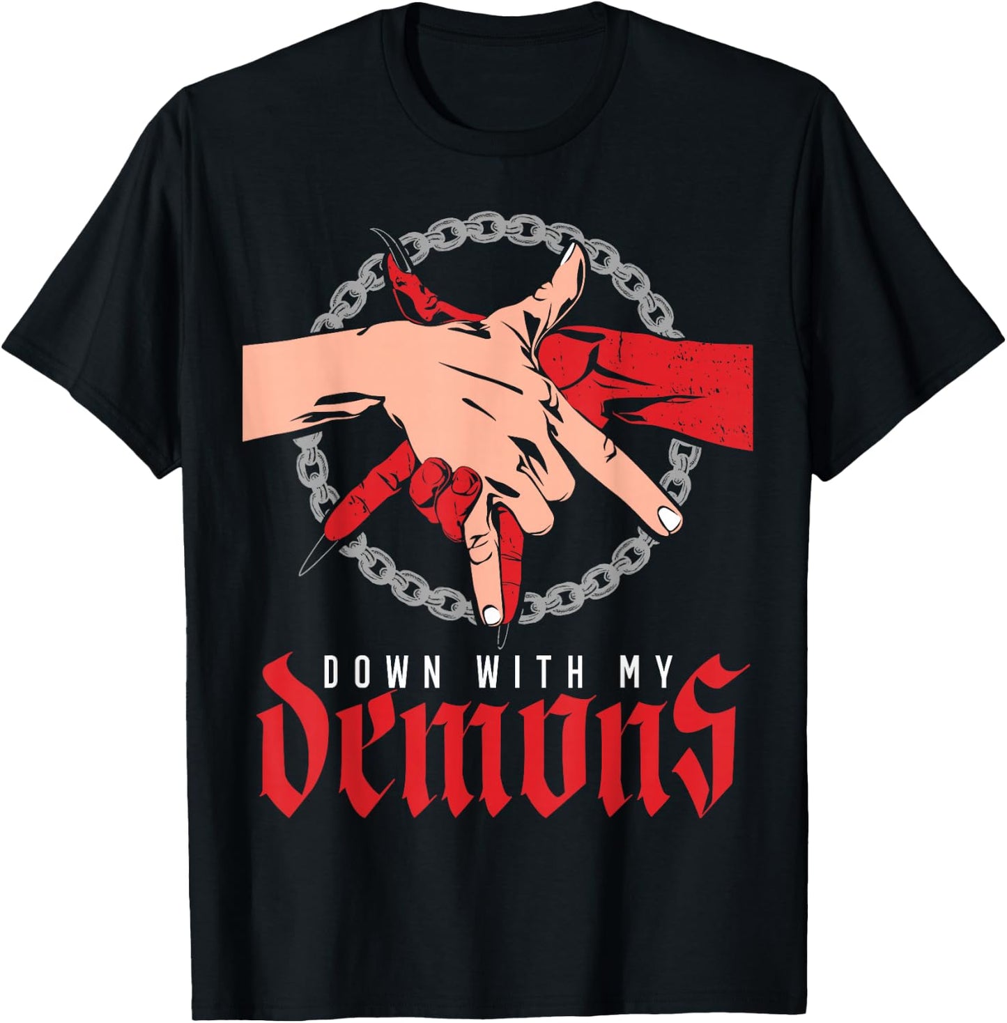 Down with My Demons Deal Handshake Aesthetic Humour Goth T-Shirt - T-Shirt | Black