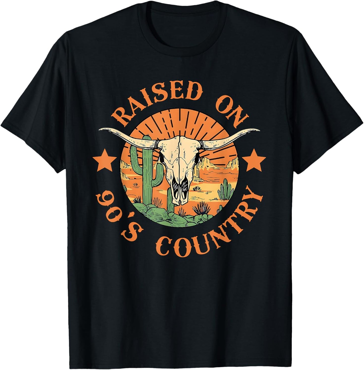 Raised On 90s Western Country Music Cow Skull Cowboy Cowgirl T-Shirt - T-Shirt | Black
