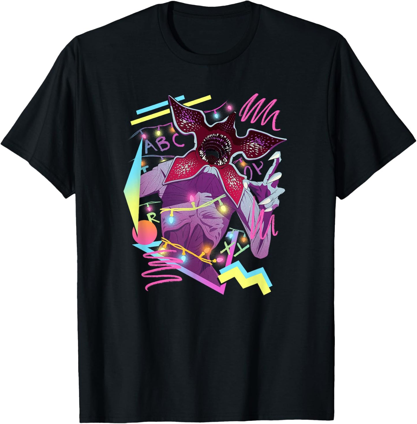 Stranger Things Demogorgon Neon 80's Style Retro Logo T-Shirt - T-Shirt | Black