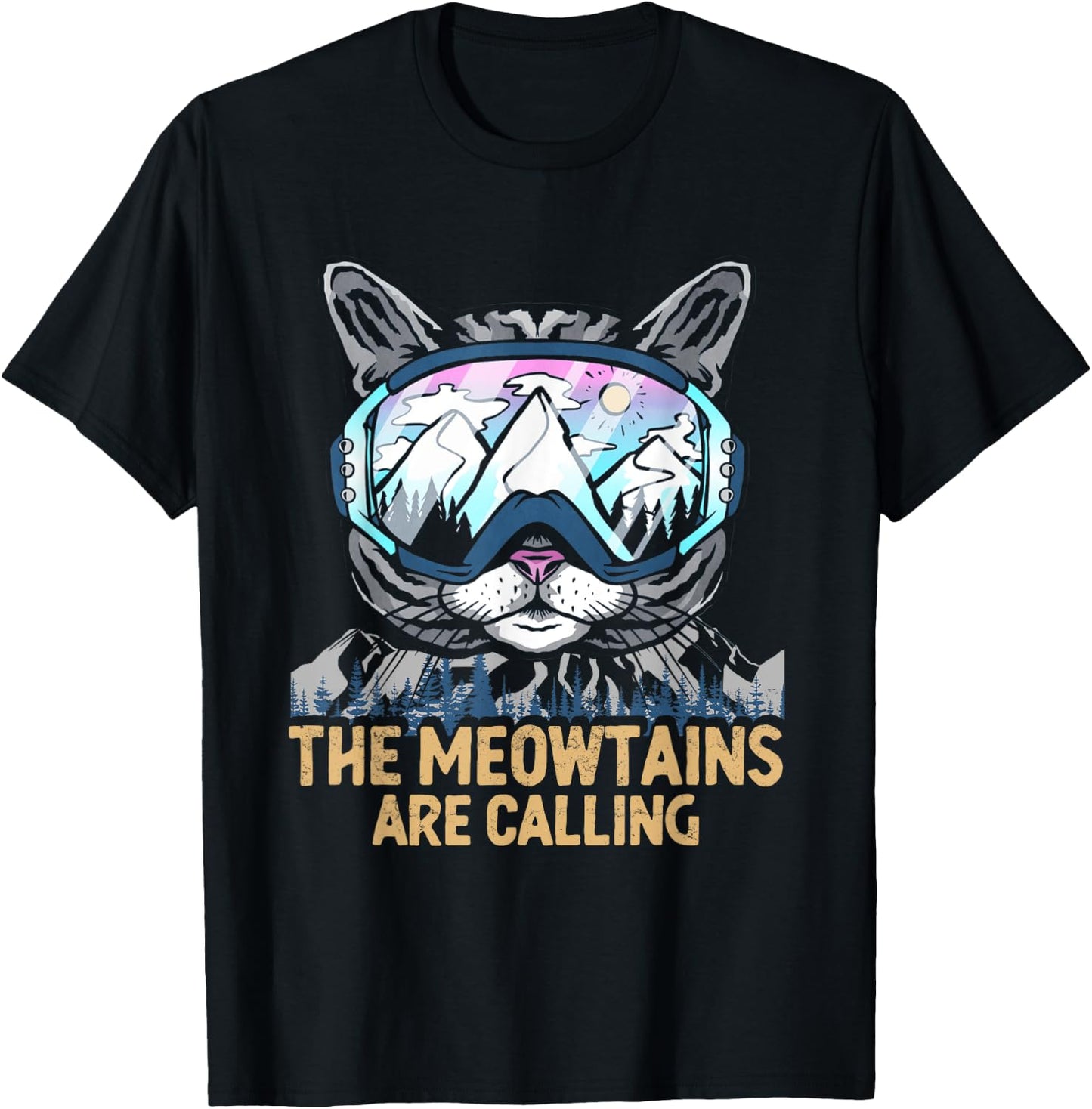 Meowtains Are Calling | Winter Sports Cat | Ski Snowboard T-Shirt - T-Shirt | Black