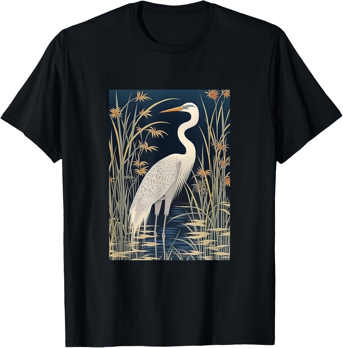 Vintage Japanese Fine Art Crane, Bamboo and Iris Koryusai T-Shirt - T-Shirt | Black