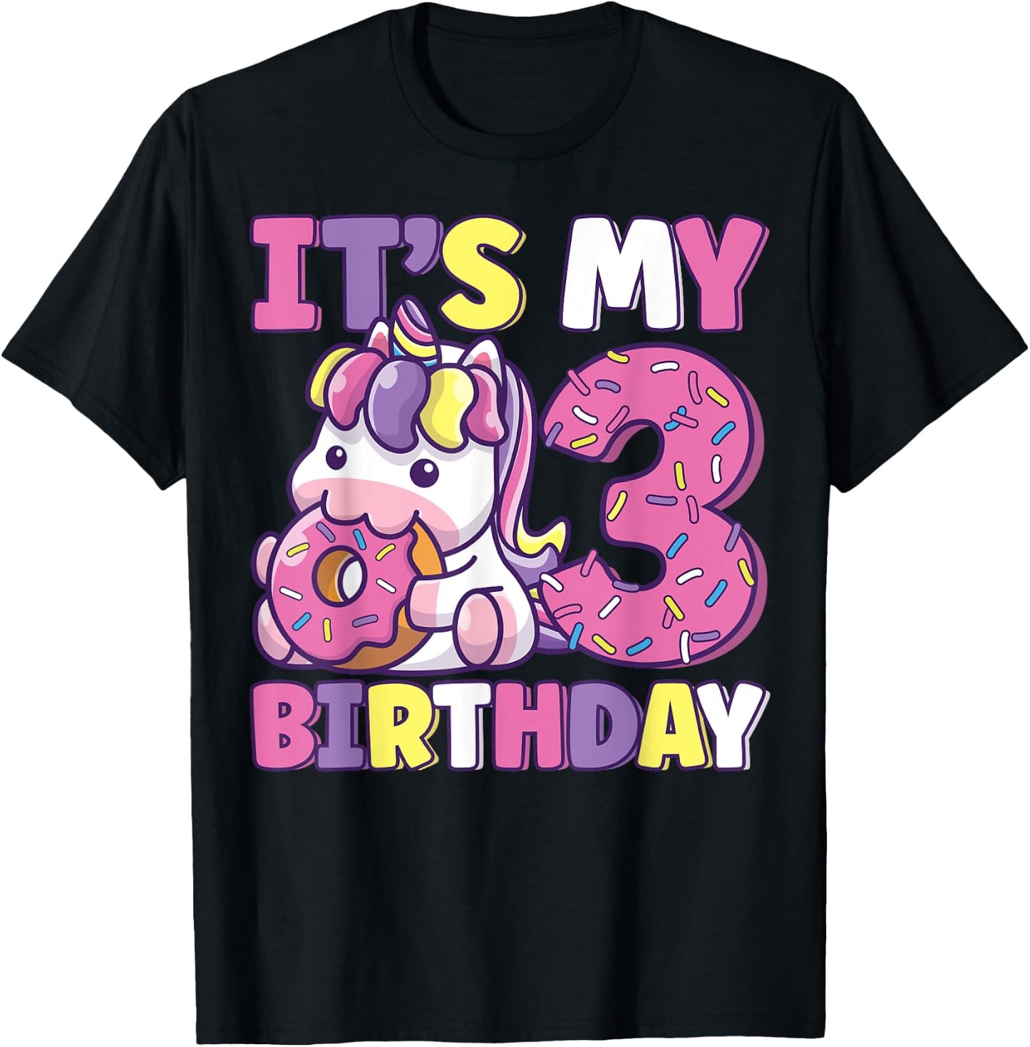 It's My 3rd Birthday Party Cute Girls Donut Birthday Unicorn T-Shirt - T-Shirt | Black