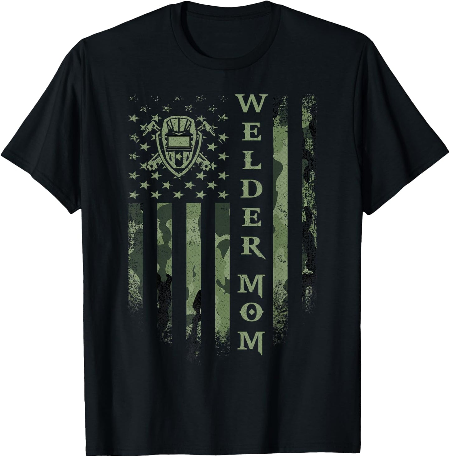 Vintage USA Camo Flag Proud Welder Mom Welding Silhouette T-Shirt - T-Shirt | Black
