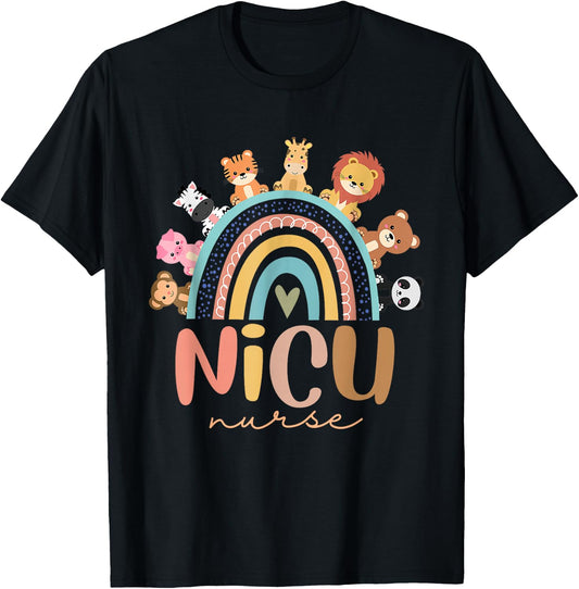 Nicu Nurse Rainbow Animal Neonatal Nicu Nurse Appreciation T-Shirt - T-Shirt | Black