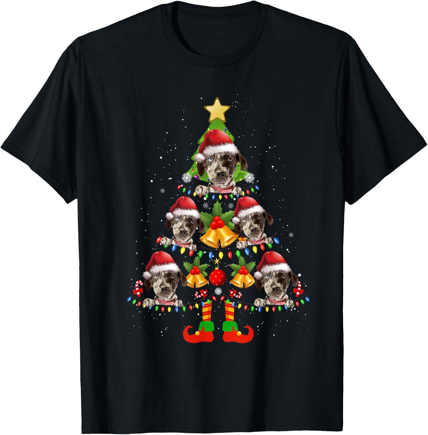 Funny Catahoula Leopard Christmas Lights Tree Dog Lover Xmas T-Shirt - T-Shirt | Black