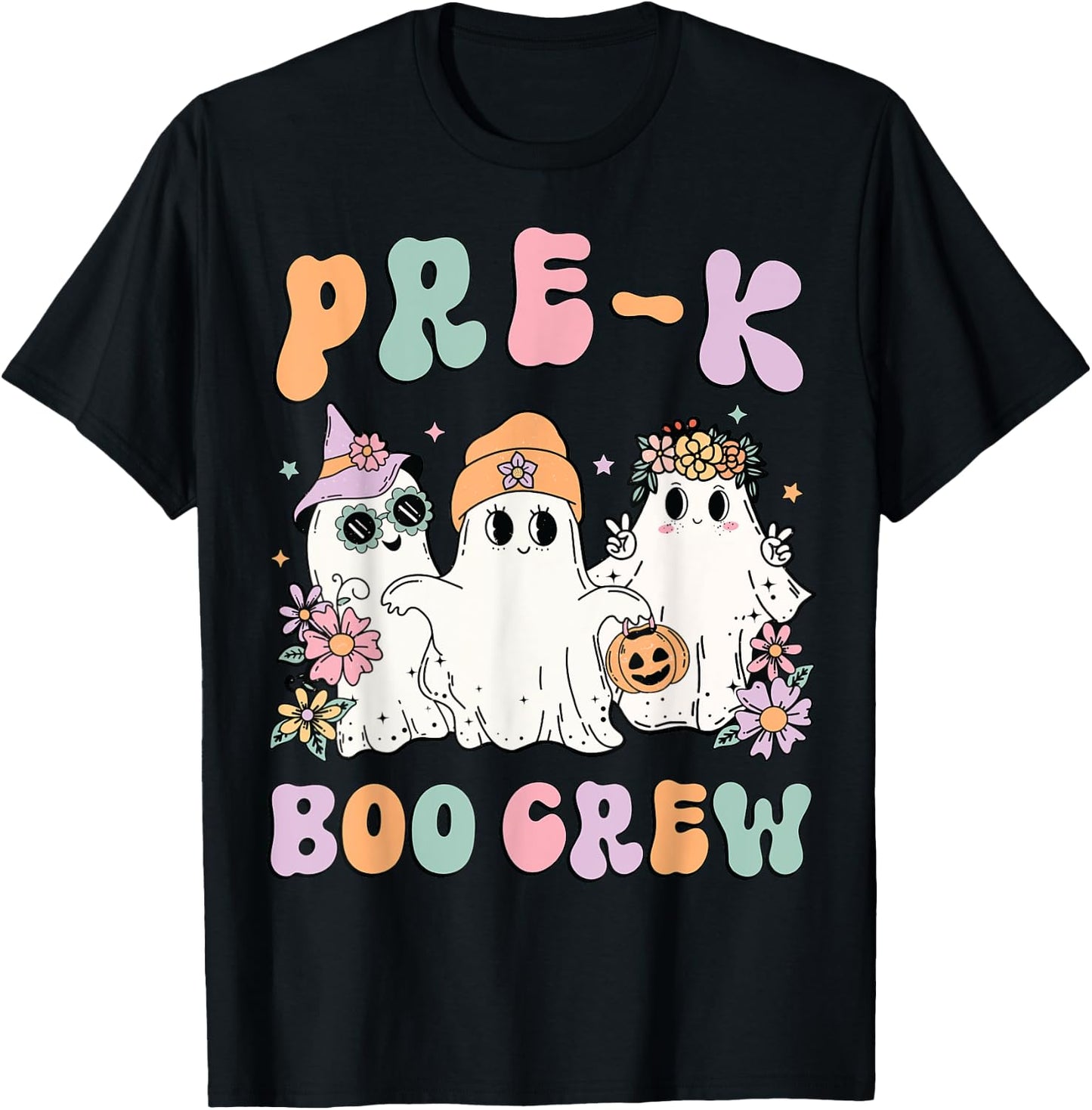 Pre-K Boo Crew Groovy Halloween Floral Ghost Pre K Teacher Men Women Kids T-Shirt - T-Shirt | Black