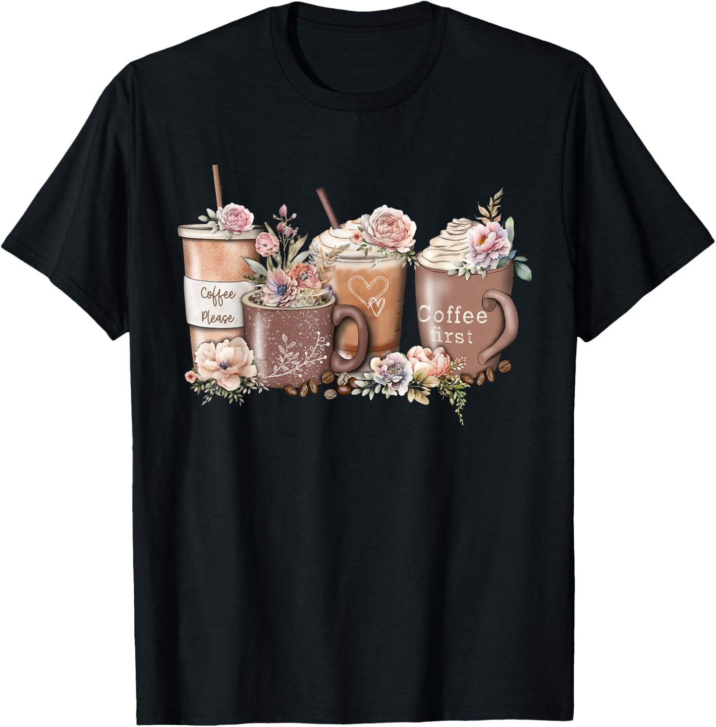 Floral Coffee Cup Iced Latte With Spring Flowers T-Shirt - T-Shirt | Black