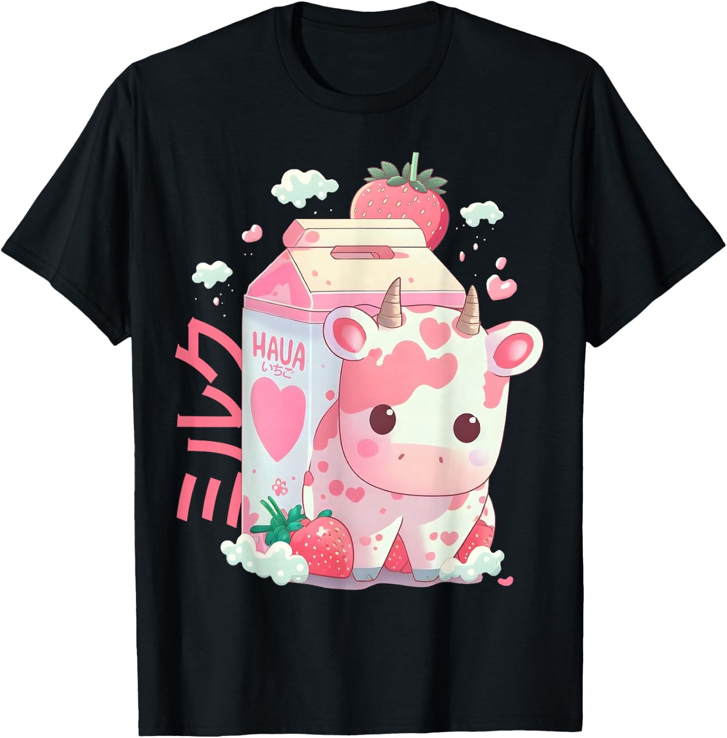 Strawberry Milk Milkshake Cow Carton Cute Kawaii Japanese T-Shirt - T-Shirt | Black
