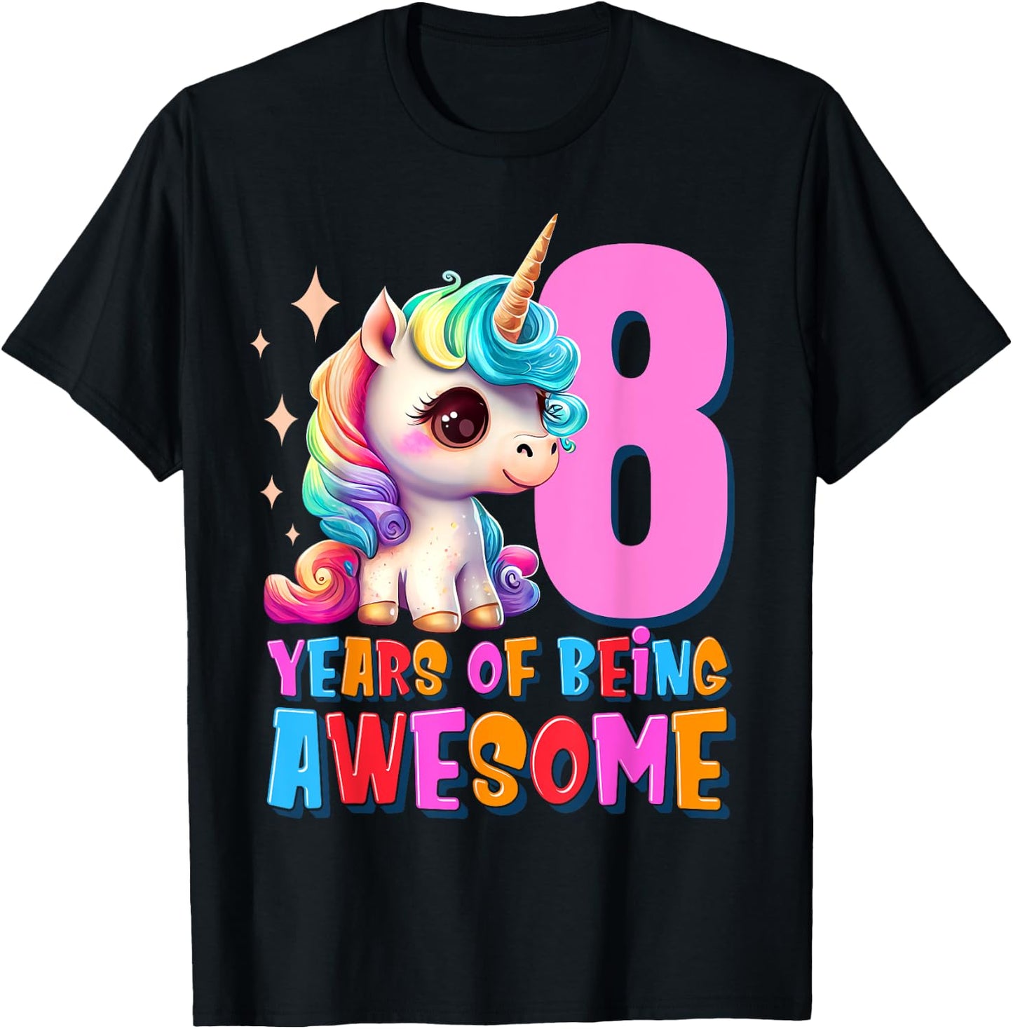 8 Years Old Unicorn Cute 8th Birthday Party Girls & Boys T-Shirt - T-Shirt | Black