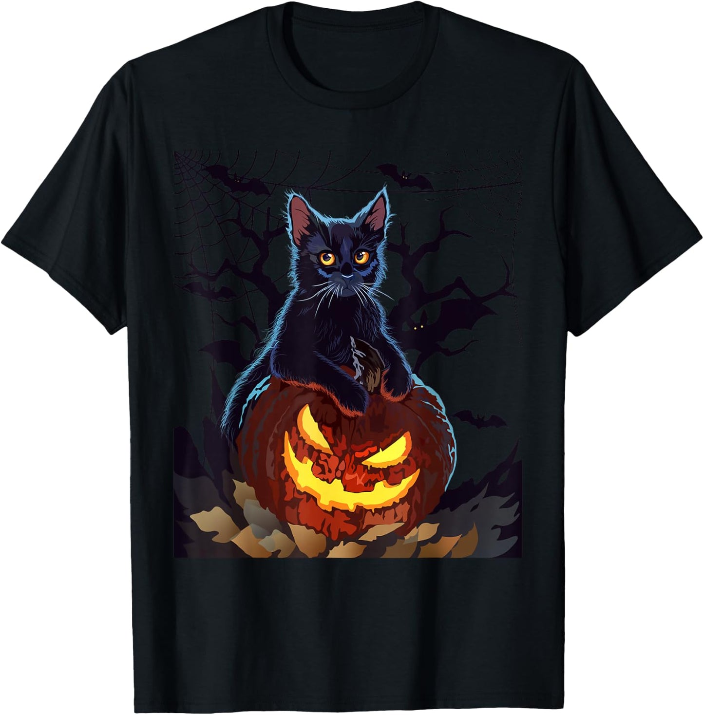 Cat With Pumpkin Halloween Bat Vintage Costume T-Shirt - T-Shirt | Black