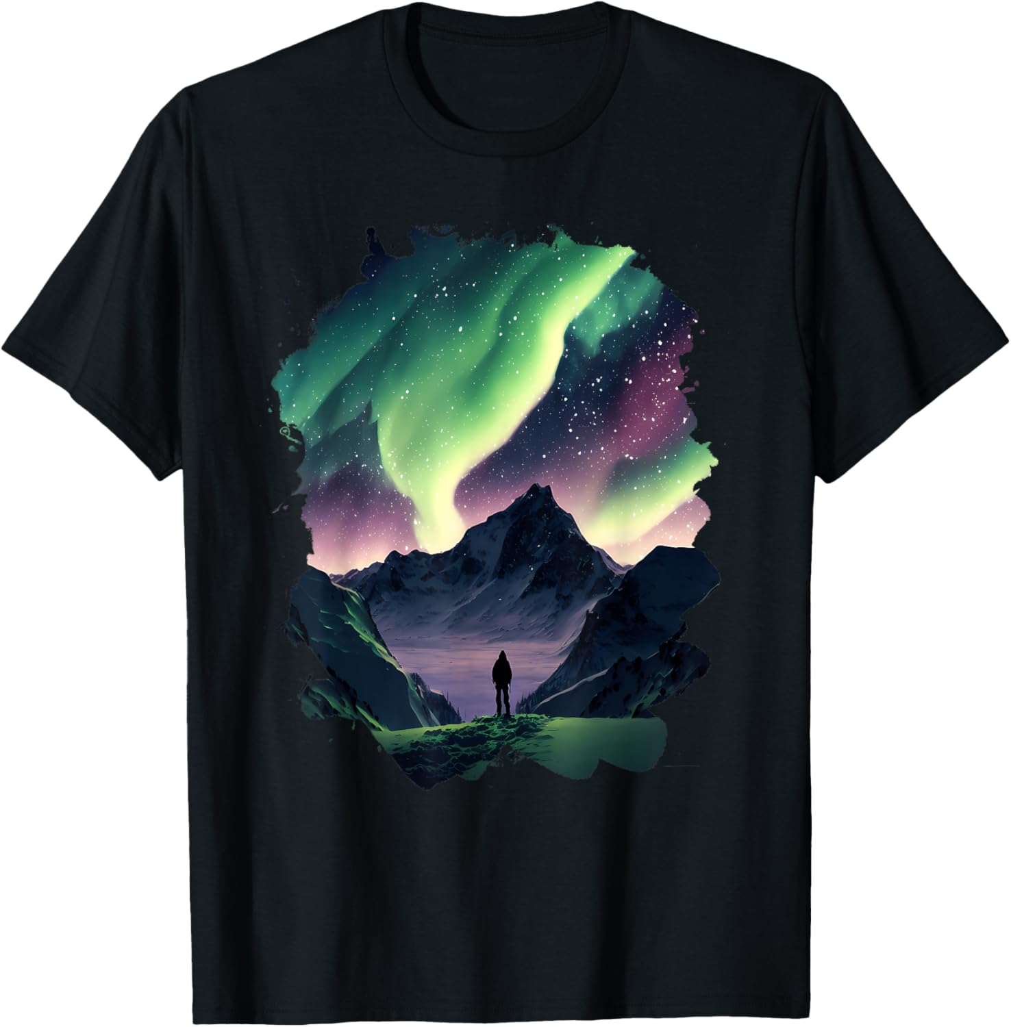 Aurora Borealis over the mountains Natural wonder in colors T-Shirt - T-Shirt | Black