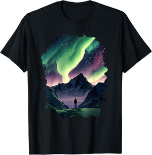 Aurora Borealis over the mountains Natural wonder in colors T-Shirt - T-Shirt | Black