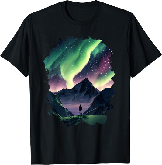 Aurora Borealis over the mountains Natural wonder in colors T-Shirt - T-Shirt | Black