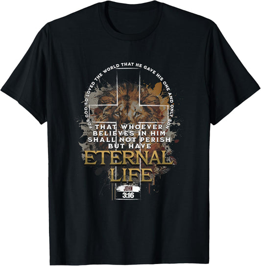 John 3:16 Christian Cross Bible Jesus Lion Eternal Life T-Shirt - T-Shirt | Black