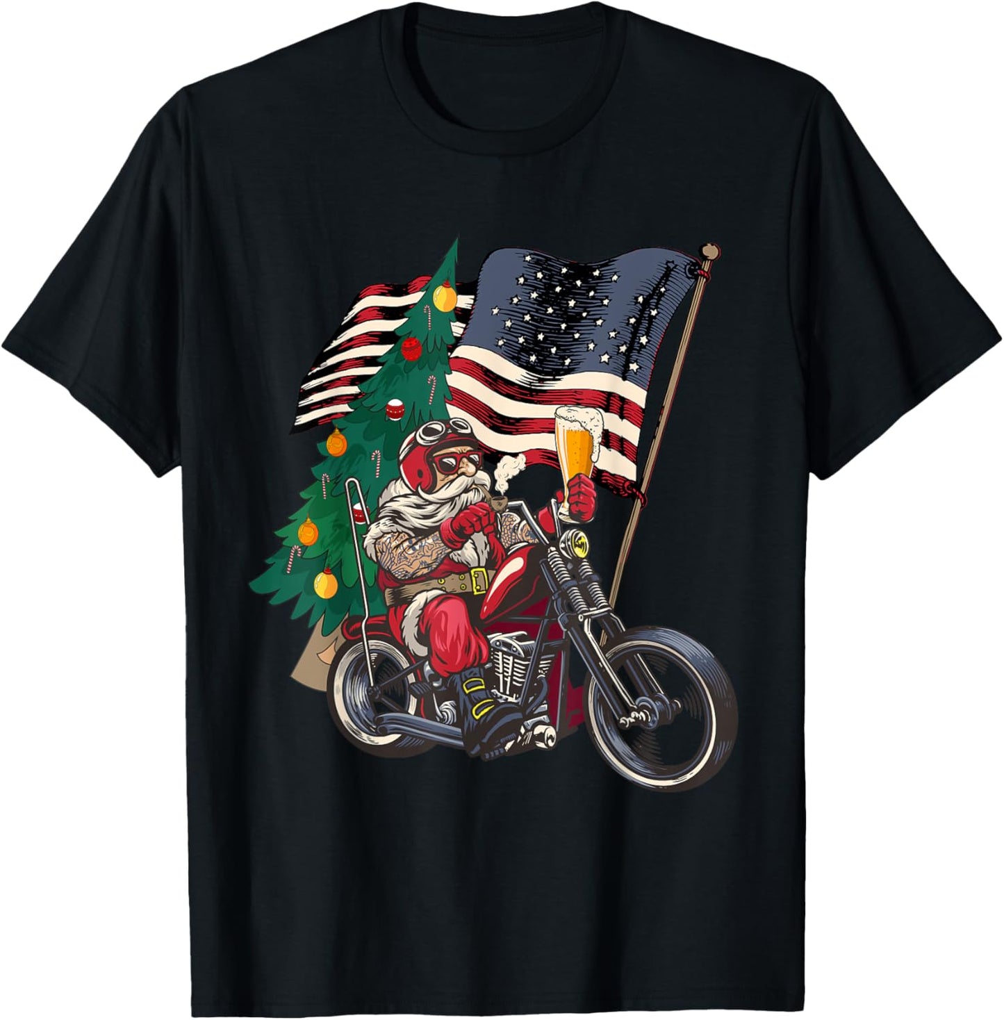 Santa Riding Motorcycle on Christmas - Biker US Flag T-Shirt - T-Shirt | Black