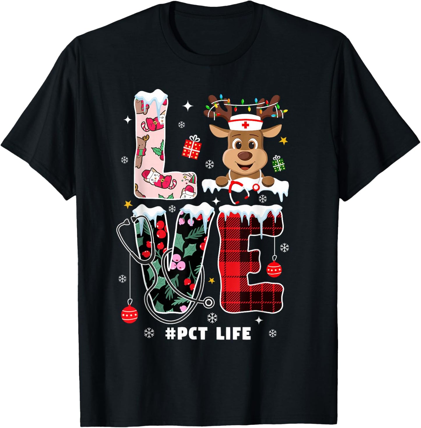 Love Patient Care Technician Xmas PCT Nurse Life Christmas T-Shirt - T-Shirt | Black