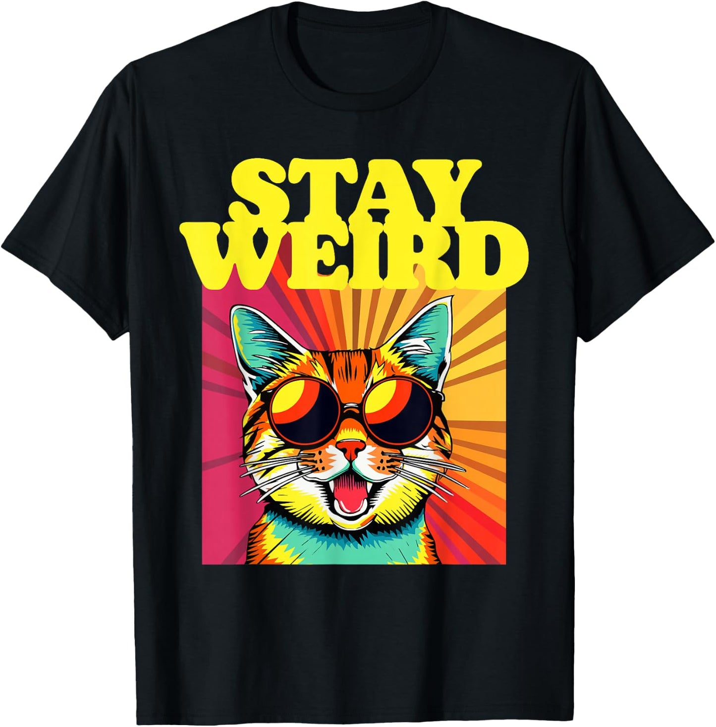 Stay Weird Awesome 80s Abstract Art Cool Cat T-Shirt - T-Shirt | Black