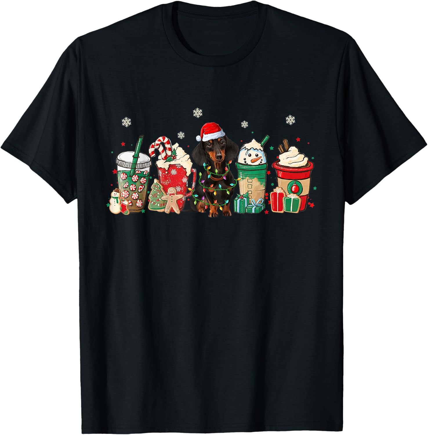 Coffee Latte Christmas Funny Christmas Coffee and Dachshund T-Shirt - T-Shirt | Black