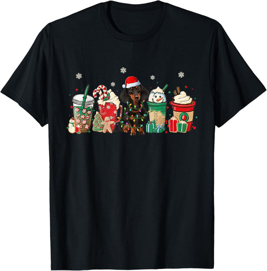 Coffee Latte Christmas Funny Christmas Coffee and Dachshund T-Shirt - T-Shirt | Black