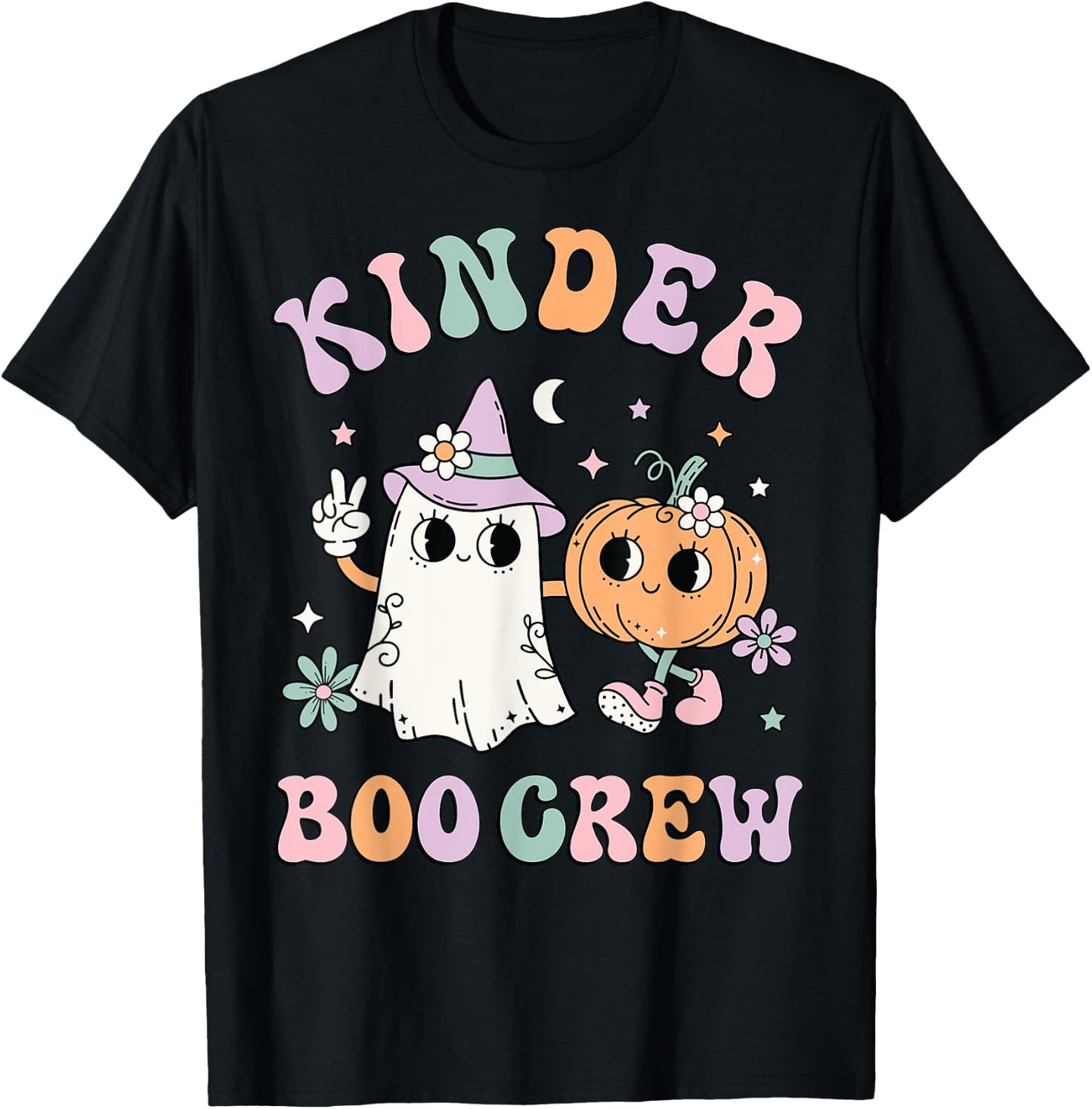 Kinder Boo Crew Halloween Floral Ghost Kindergarten Teacher Men Women Kids T-Shirt - T-Shirt | Black