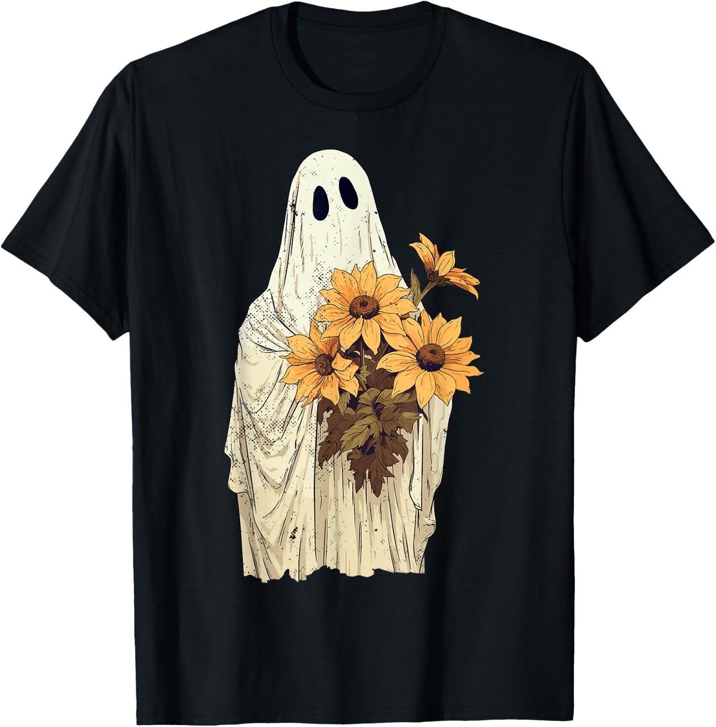 Vintage Floral Ghost Sunflowers Spooky Halloween Graphic T-Shirt - T-Shirt | Black