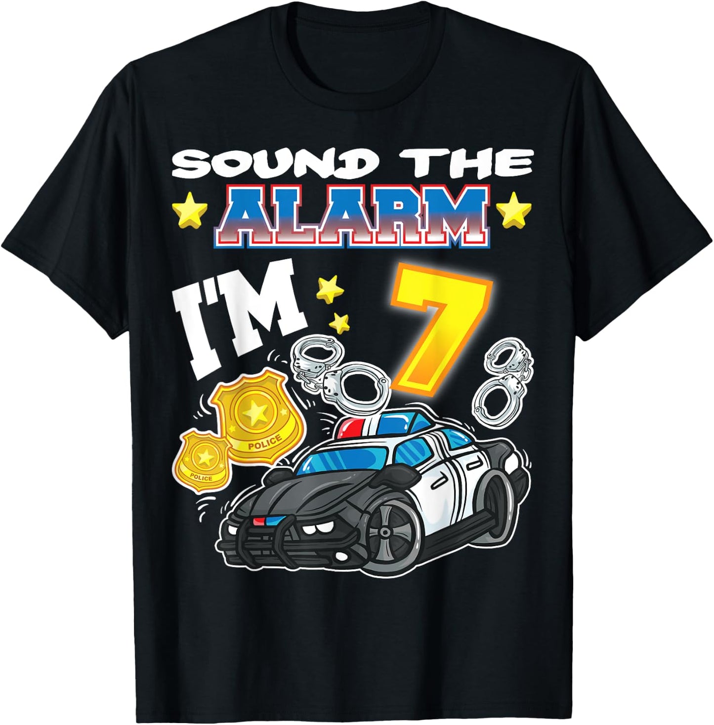Sound The Alarm I'm 7 Policeman Police 7th Birthday Party T-Shirt - T-Shirt | Black