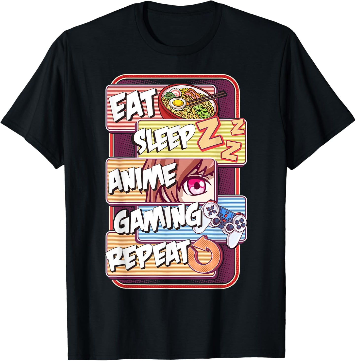 Kawaii Eat Sleep Anime Gaming Repeat T-Shirt - T-Shirt | Black