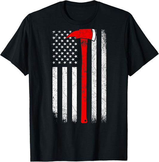 American Flag Axe Thin Red Line Firefighter Support ON BACK Women Kids Men T-Shirt - T-Shirt | Black