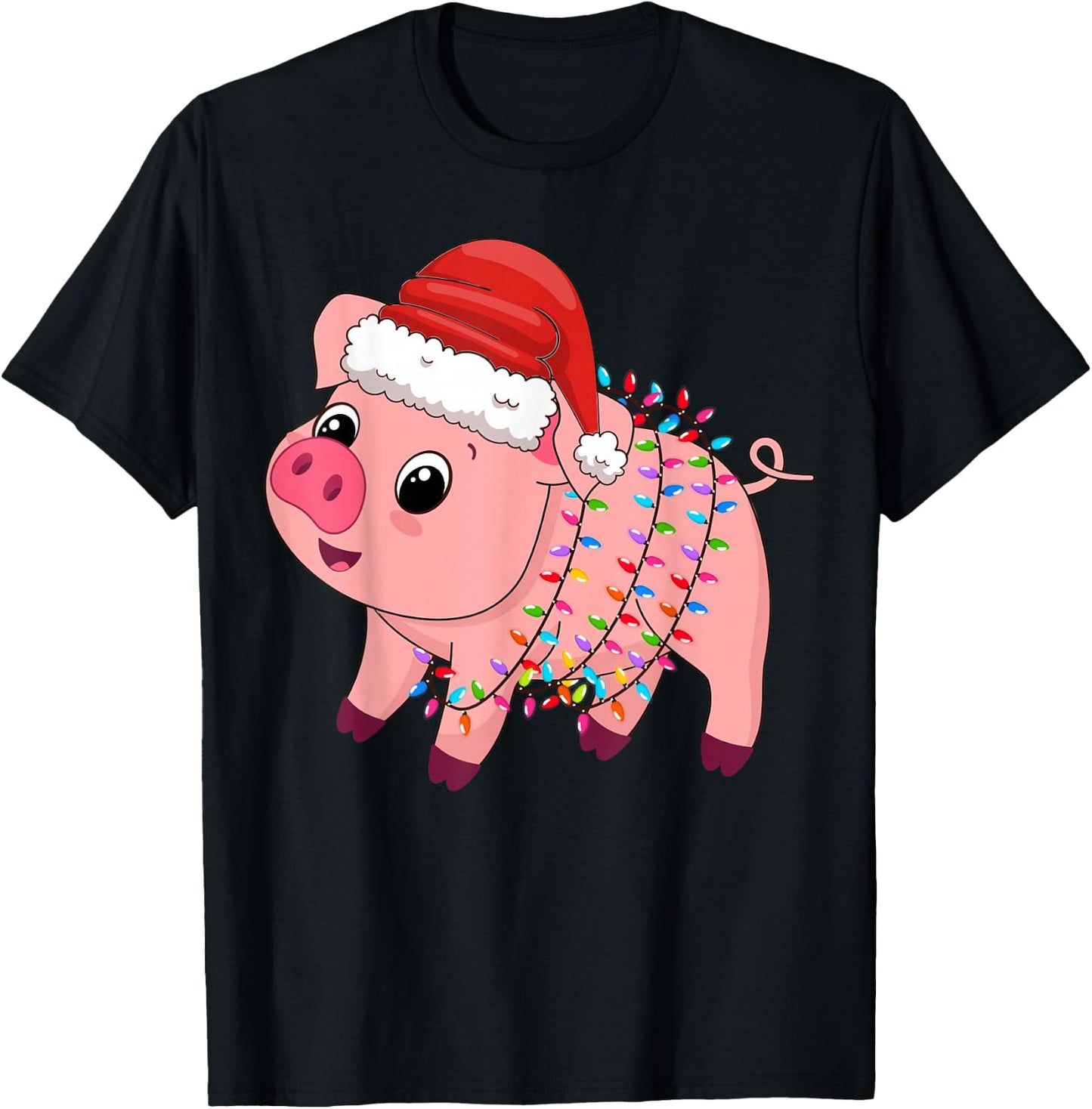 Christmas Lights Pig Wearing Xmas Hat - Pig Lover Farmer T-Shirt - T-Shirt | Black