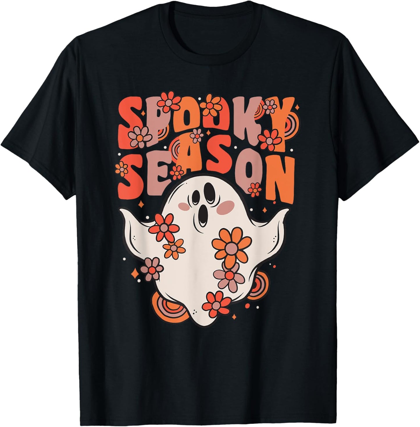 Spooky Season Groovy Ghost With Vintage Flowers Halloween T-Shirt - T-Shirt | Black