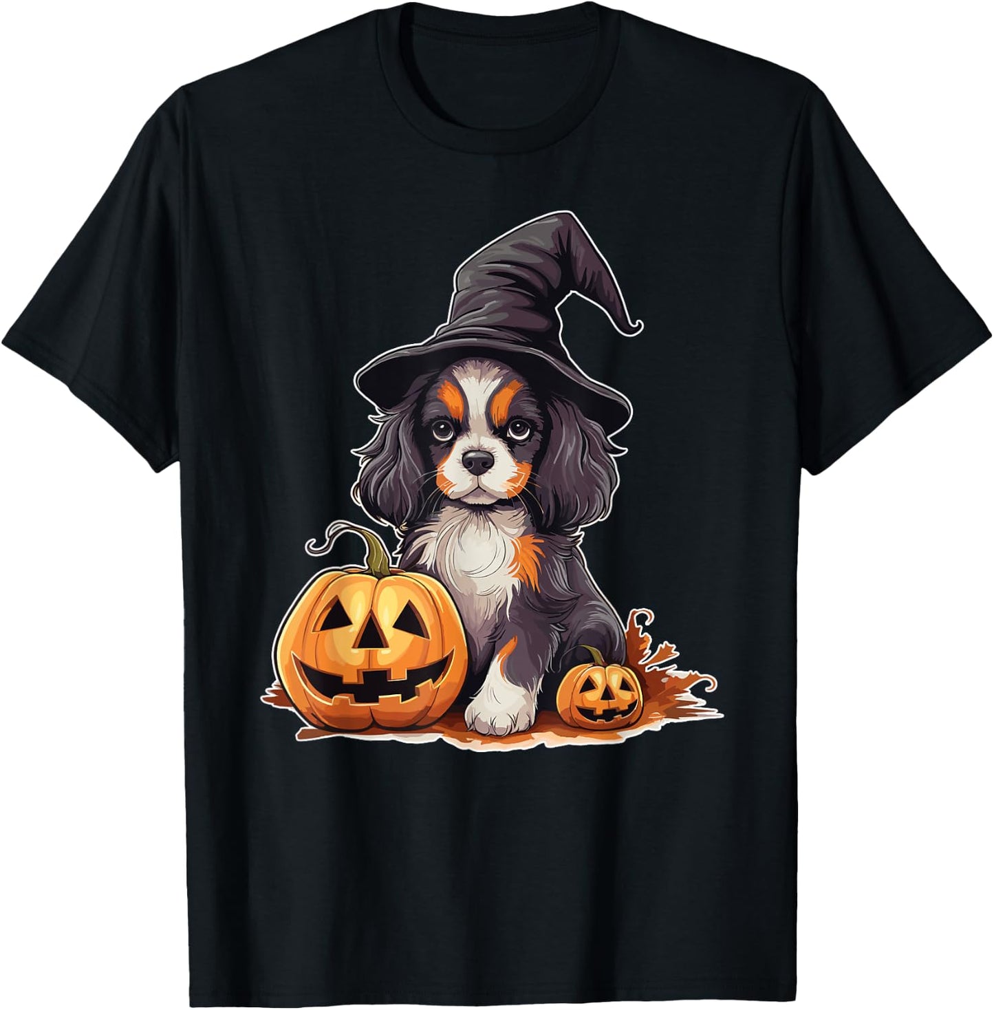 Halloween Witch Hat Pumpkin Dog Cavalier King Charles Women Kids T-Shirt - T-Shirt | Black
