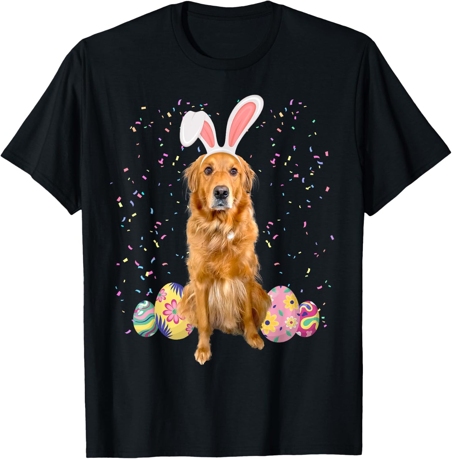 Cute Easter Golden Retriever With Easter Bunny Ears & Eggs T-Shirt - T-Shirt | Black