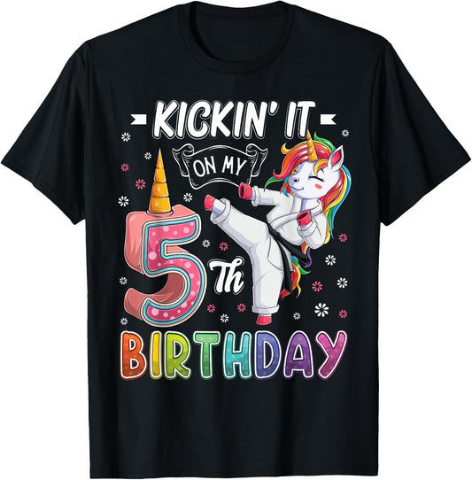 Unicorn Karate 5th Birthday Five 5 Years Old Taekwondo Kids T-Shirt - T-Shirt | Black