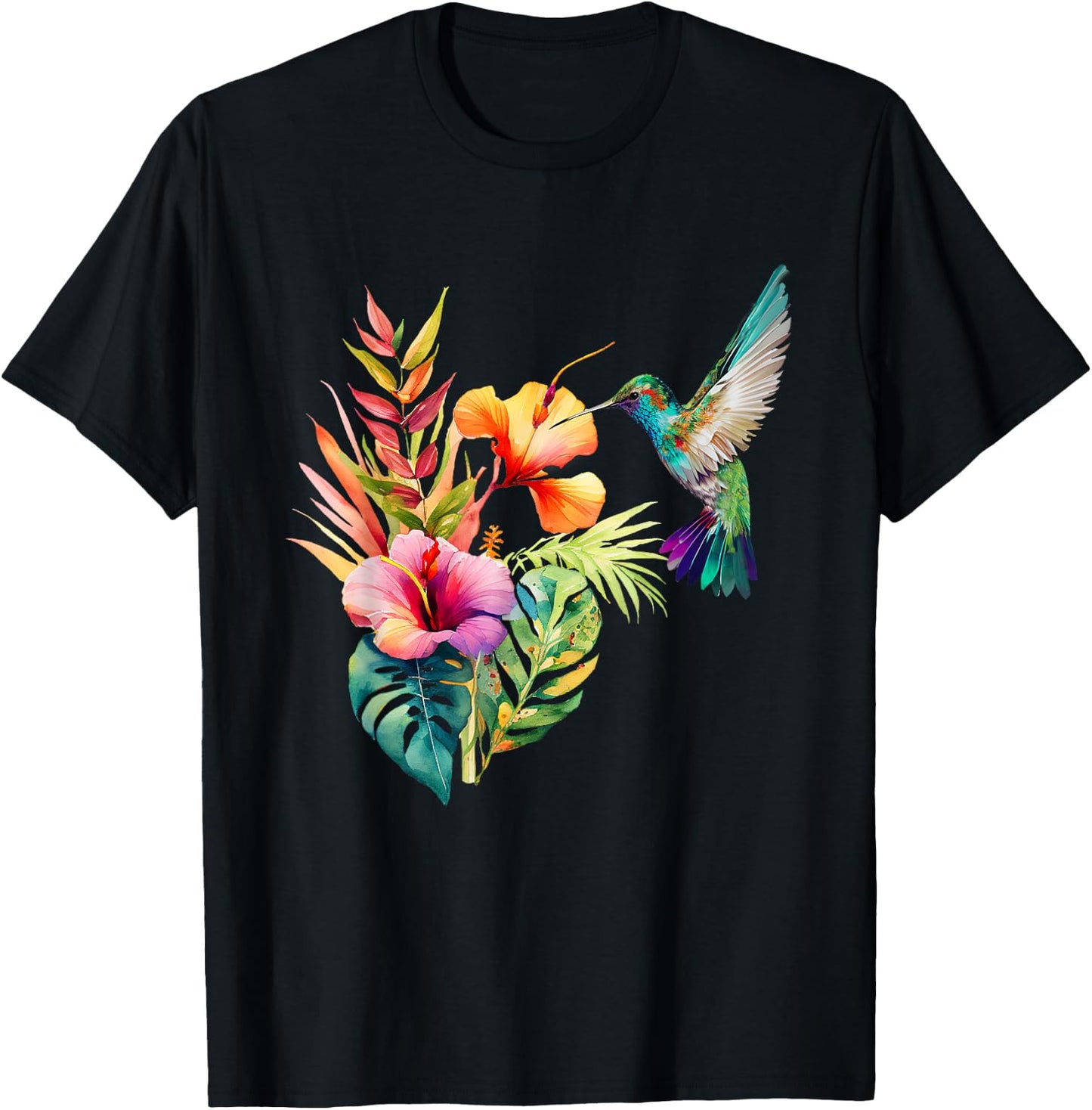 Hummingbird Backyard Birdwatching Tropical Flowers Birders T-Shirt - T-Shirt | Black