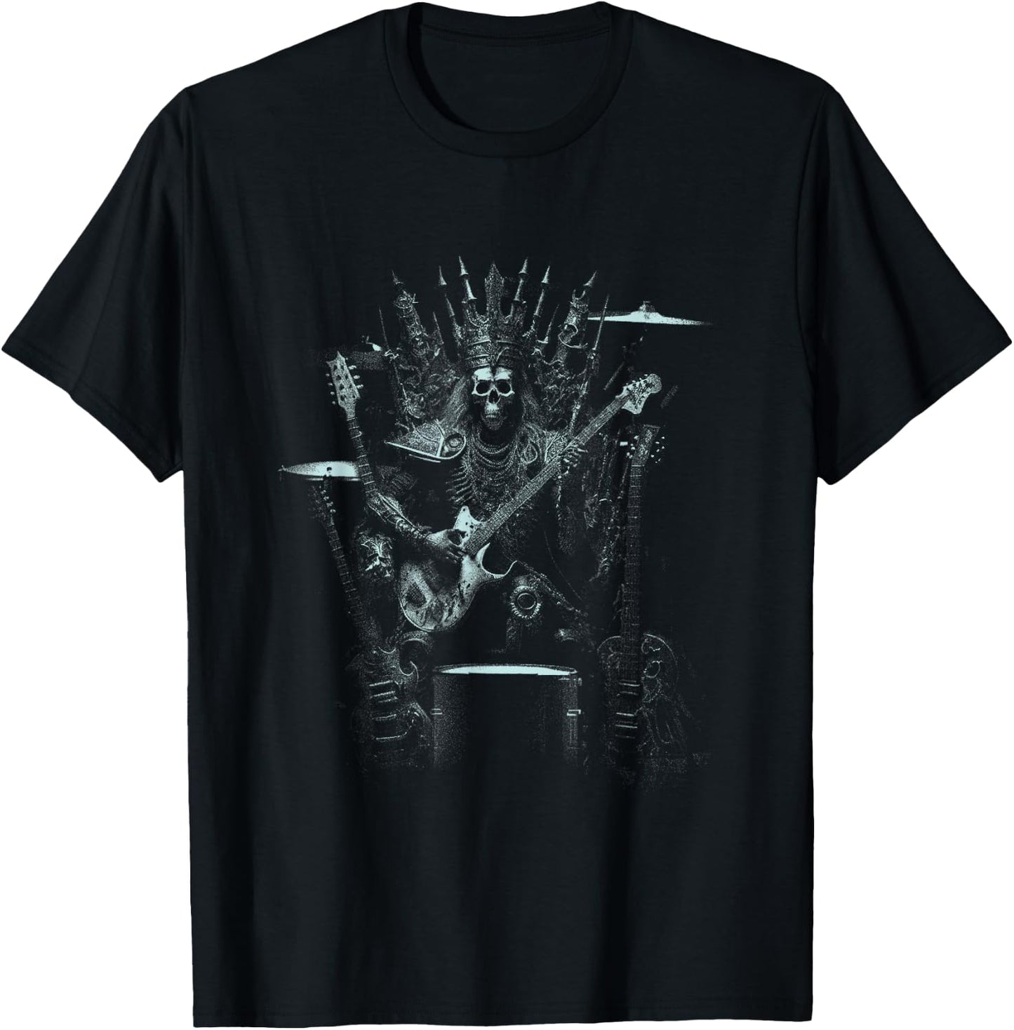 Halloween Skeleton Playing Guitar Throne Rock and Roll Band T-Shirt - T-Shirt | Black
