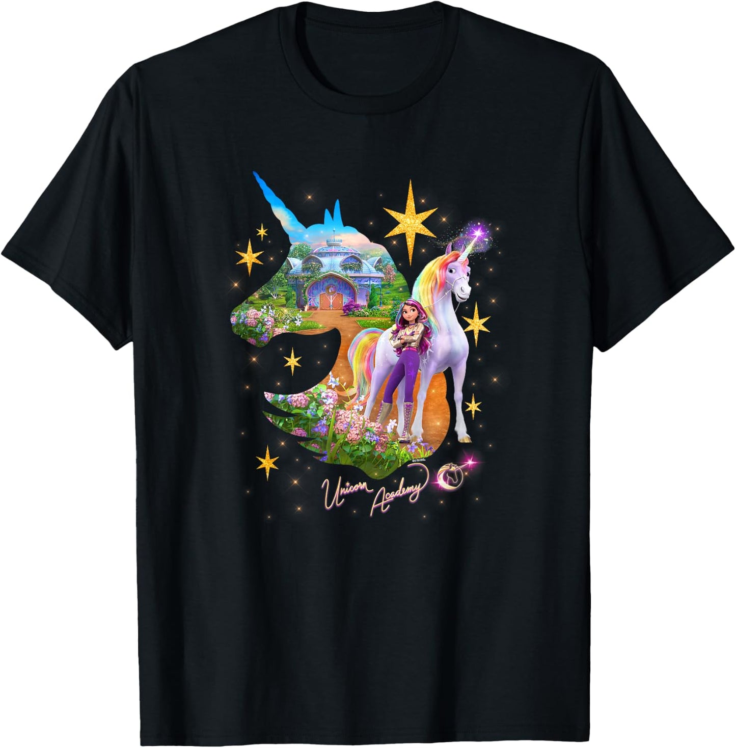 Unicorn Academy Silhouette Sparkle Graphic Logo T-Shirt - T-Shirt | Black