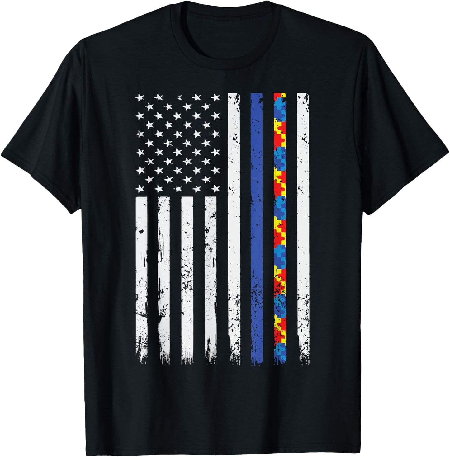 Police Support Autism Awareness Thin Blue Line Autism Flag T-Shirt - T-Shirt | Black